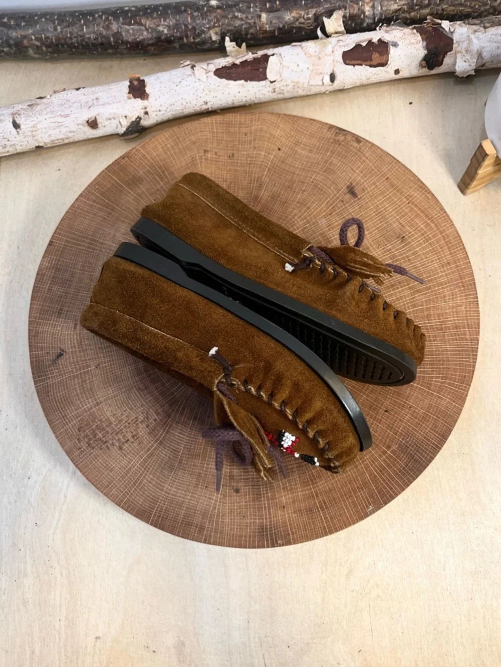 Minnetonka Thunderbird II Beaded Suede Moccasins Brown Size 13